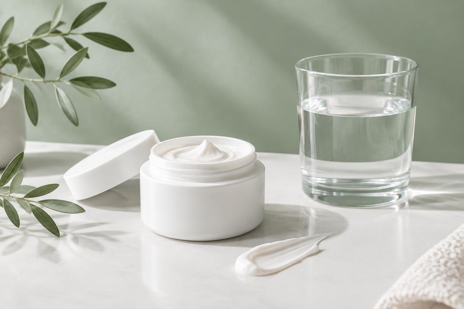 Illustrative skincare still life with a plain moisturizer jar and a glass of water on a bright countertop
