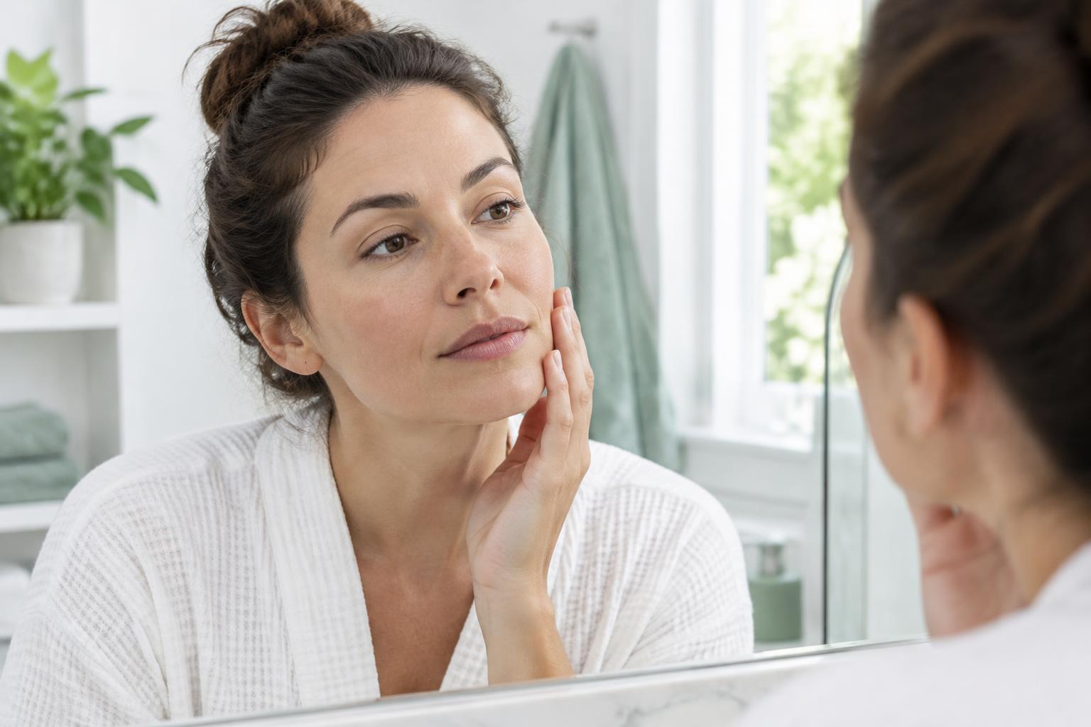 Illustrative skincare image of a woman looking at her face in a bathroom mirror